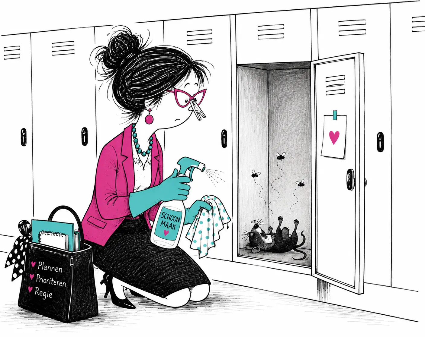 Schoolleider maakt een kluisje schoon waar een dode muis in lag